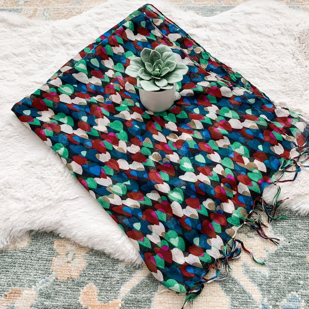 Blue, Maroon, and Green Heart Pattern Oblong Lightweight Scarf